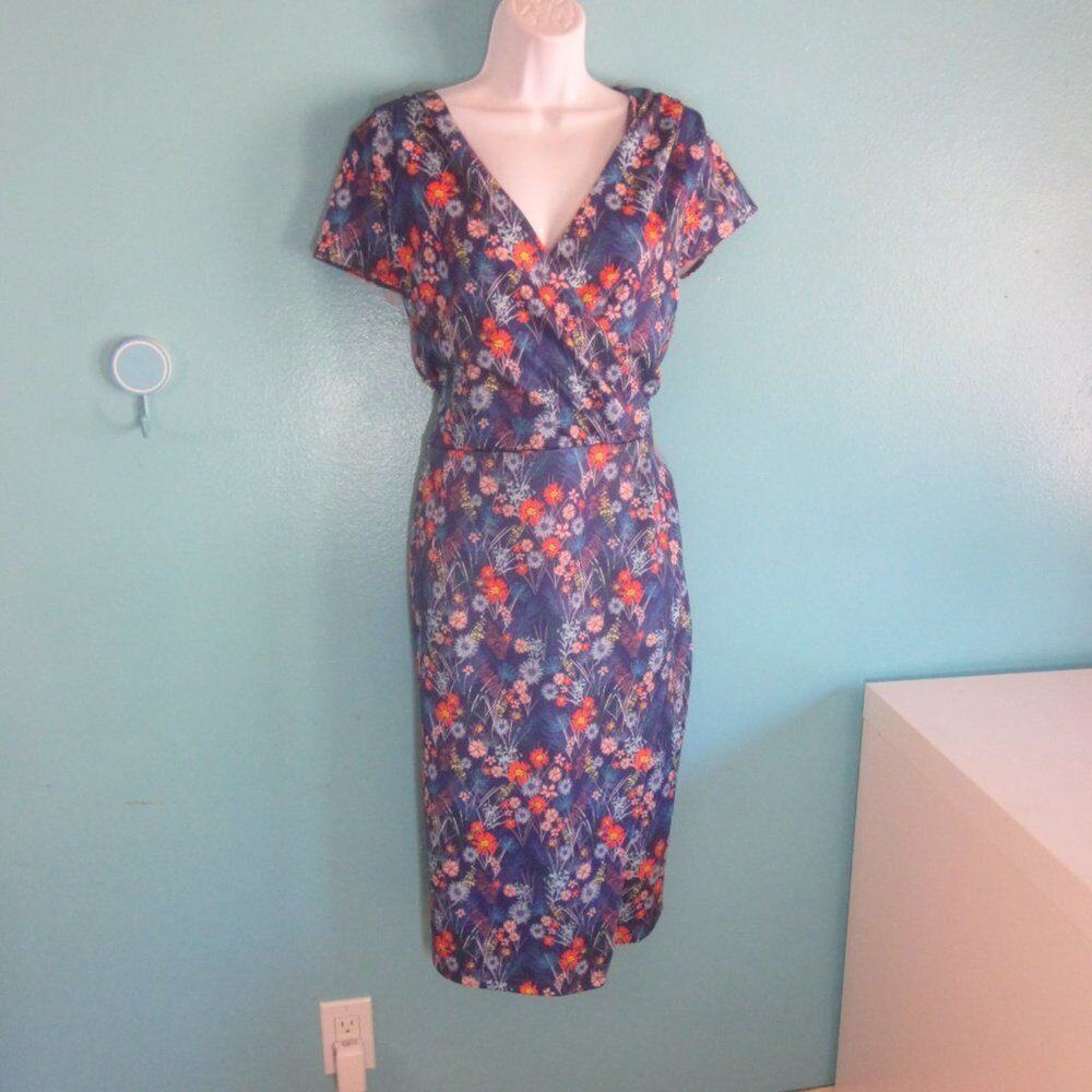 Lindy Bop Womens Size 12 "Purple Blooming" Faux Wrap Side Zip Dress